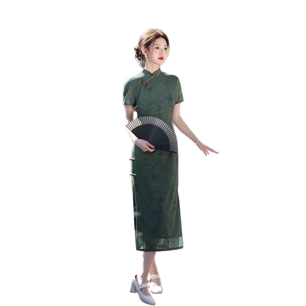 1011 Spring and Summer New Mesh Printing Double-layer Long Cheongsam New Chinese Style Green Temperament Slim Cheongsam Women