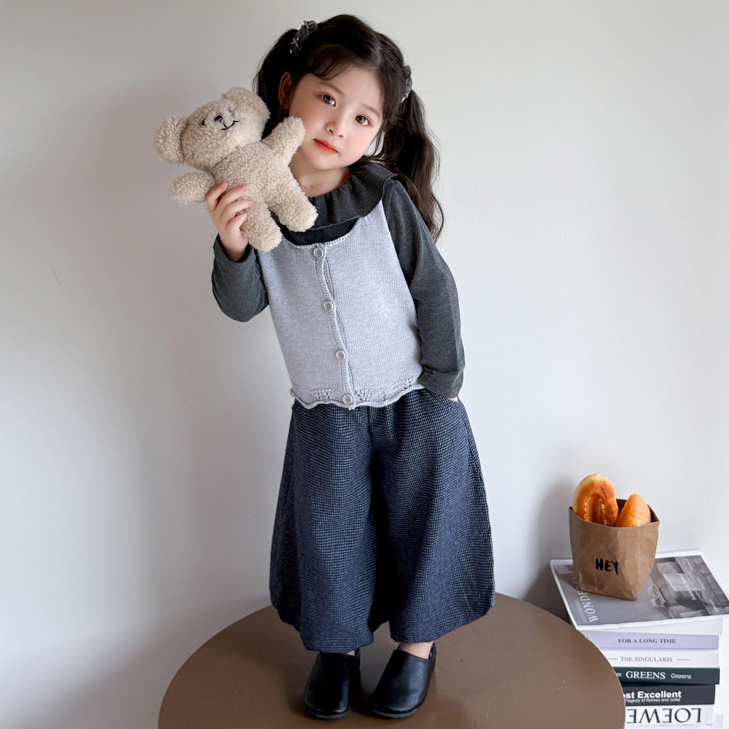 

Autumn 2025 Girls Trendy Long-sleeve Wide-leg Pants 3-piece Set 90 cm серый