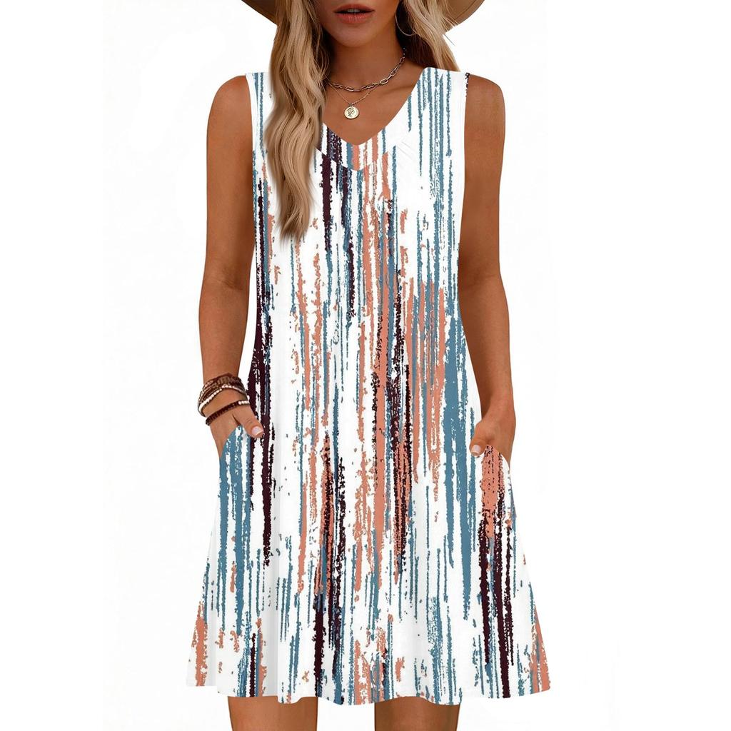 Damenmode Bedrucktes Sommer Ärmelloses V-Ausschnitt Tanktop Tasche Lässiges Lockeres Kleid