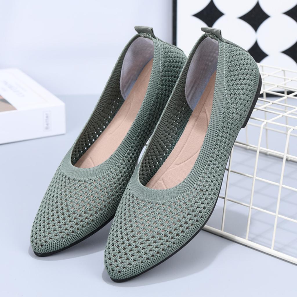 Women Pointed Toe Flat Shoes Breathable Hollow Knit Slip On Casual Soft Sole Lightweight Comfortable Walking Footwear