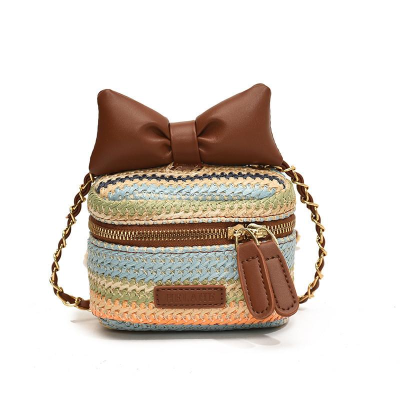 Chic Woven Pu Mini Handbag Stylish Striped Pattern Ultra-light Trendy Purse