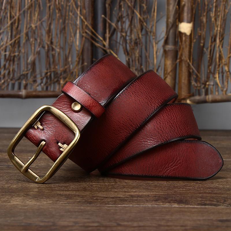 3.8CM Men's Retro Distressed Leather Belt, Genuine Leather Pin Buckle, Top Layer Cowhide, Casual Korean Style for Jeans.