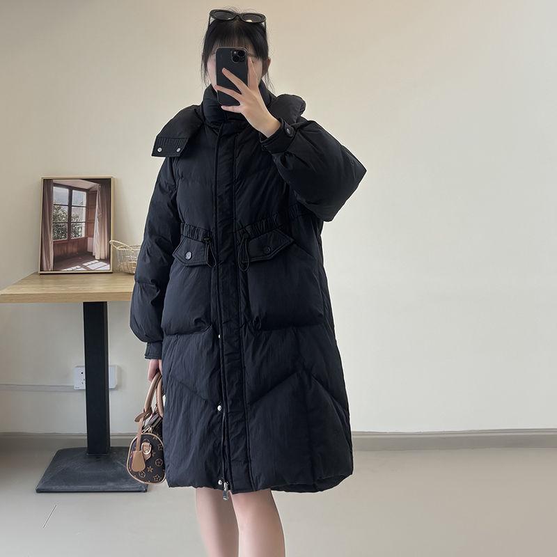 High-End Damen Kapuzen-Langdaunenjacke - Koreanischer Stil, Dick, Oversized, Tailliert, Überknie-Mantel mit Weißenten-Daunen.