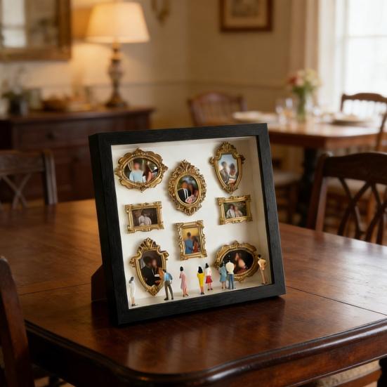 DIY Mini Museum Box with Small Golden Frames Figurines Lamps Photo Frame Shadow Box Family Memory Display Case Home Decoration