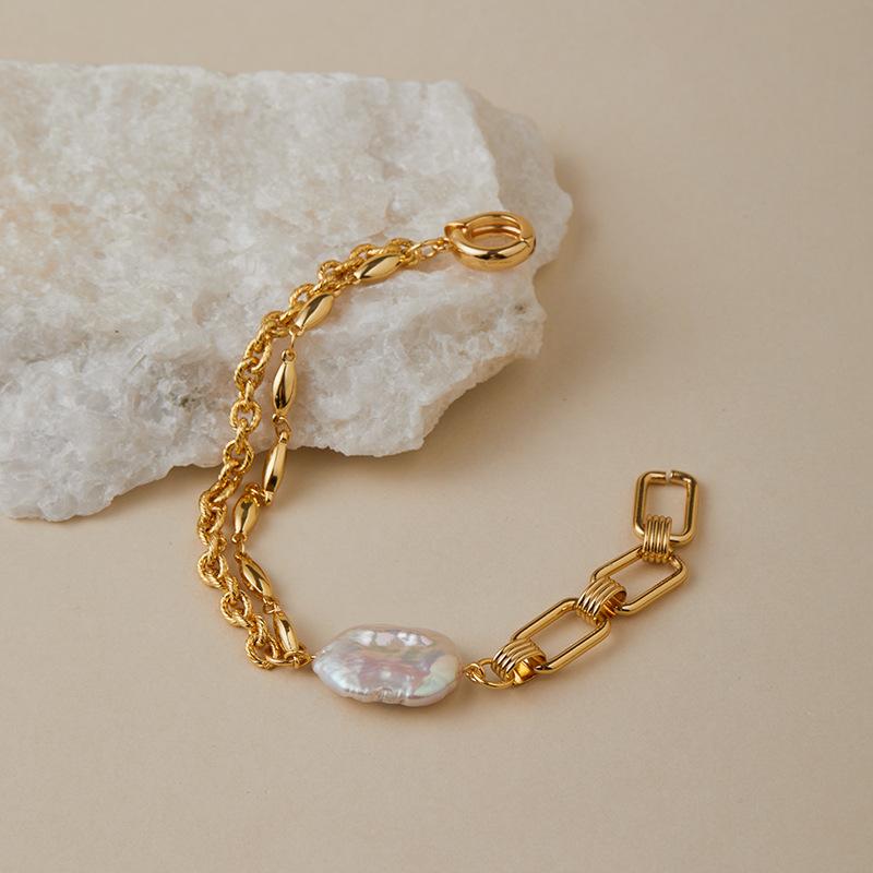 Gold Plated Mixed Chain Baroque Pearl Bracelet