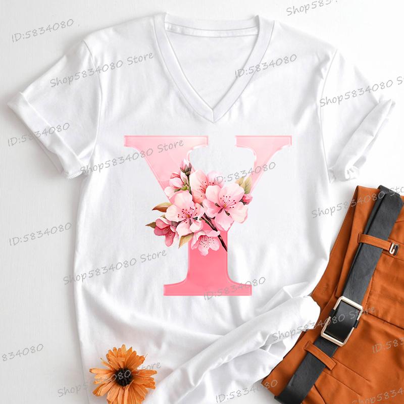 Pink Sakura Alphabet Graphic T Shirts Women AZ 26 Alphabet Pink Flower Cartoon Tshirts Cherry Blossom Letters Casual Tops Tees