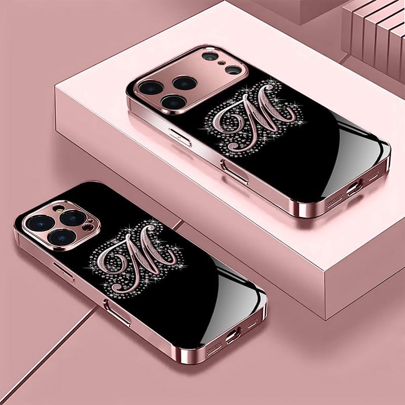 Buchstaben M Muster Rosa Metallisch Gehärtetes Glas Handyhülle Für iPhone 17 16 15 14 13 12 11 Pro Max 15 14 Plus 17 Air 16E Hülle