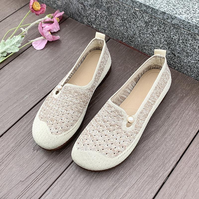 Summer New Cloth Shoes Women's Breathable Hollow Mesh Shoes Soft Sole Middle-aged and Elderly Mother Shoes Shallow Casual Shoes Crochet