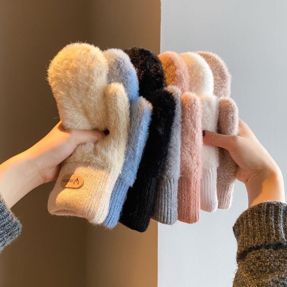 Solid Color Plush Gloves Warm Winter Gloves Cute Women Gloves  for Cold Weather