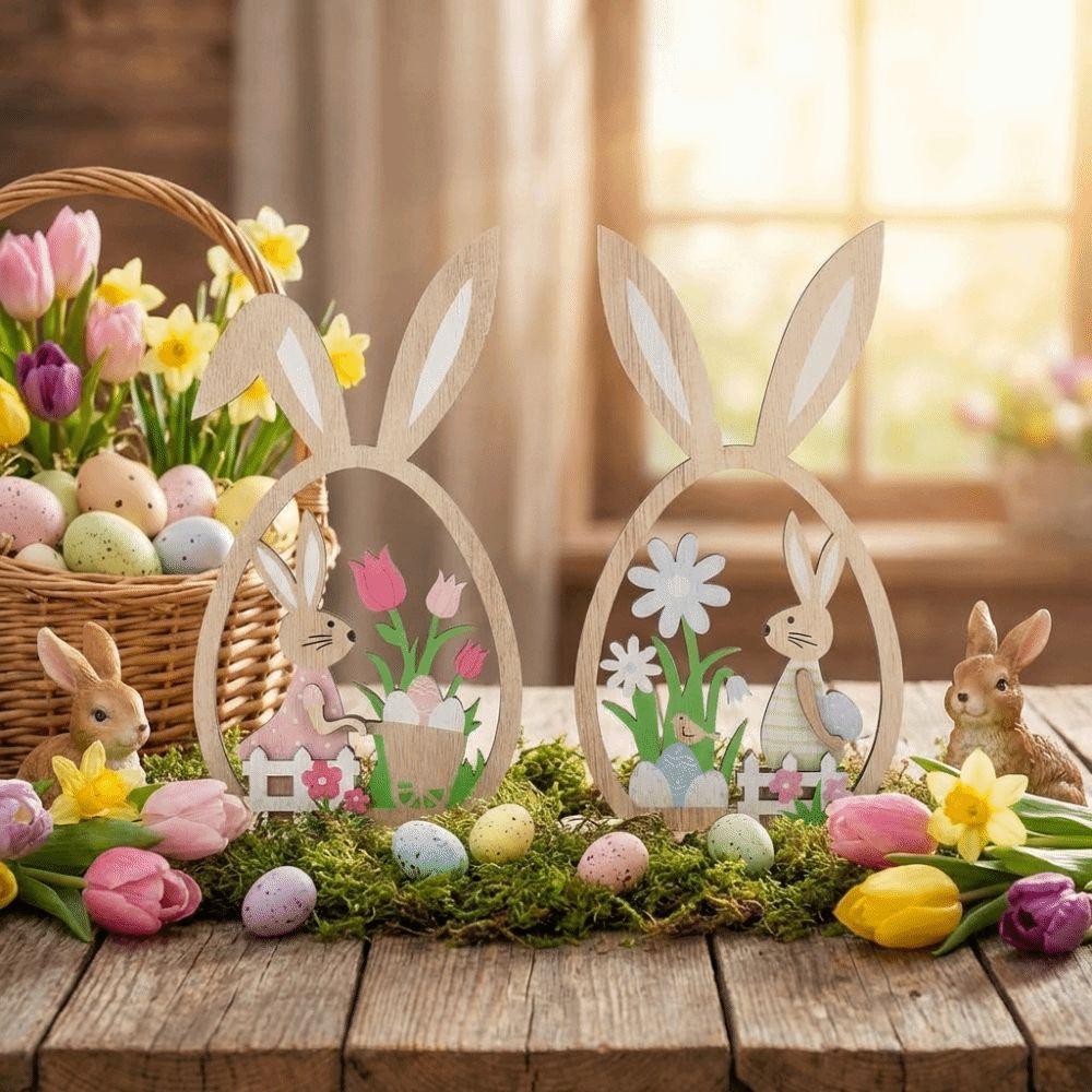 2Pcs Farmhouse Rustic Wooden Easter Rabbit Hand-Painted Easter Table Decor  Table Mantel