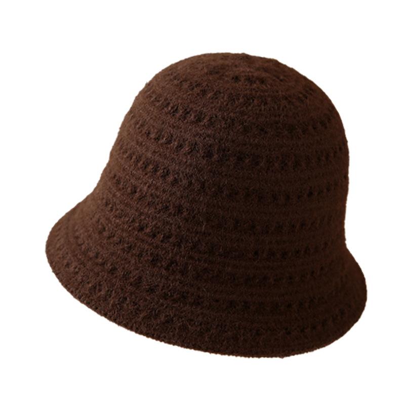 Hollow knitted bucket hat women's spring and autumn new solid color versatile basin hat showing small face breathable sunshade bucket hat