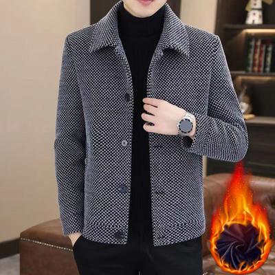 Men Coat Lapel Long Sleeve Solid Color Thickened Plush Lining Jacket Coat Autumn Winter Single-Breasted Casual Outwear