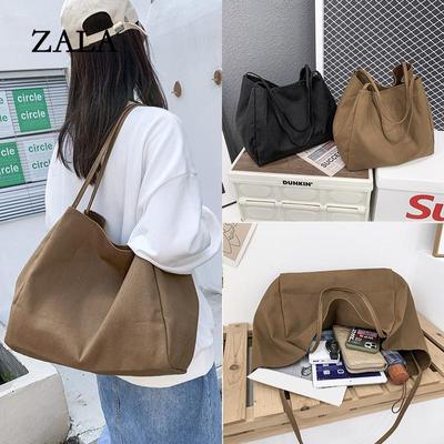 Simple Canvas Handbag For Women Large Capacity Tote Bag Travel Solid Color  Reusable Shoulder Bag