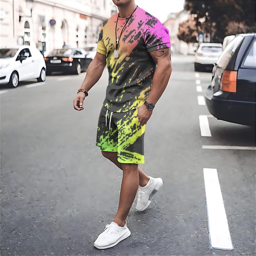 Summer Men Clothing Quick Dry Short Sleeve T Shirt Shorts 2 Piece Sets Print Men's Oversized Tracksuits Street Sportswear Suits