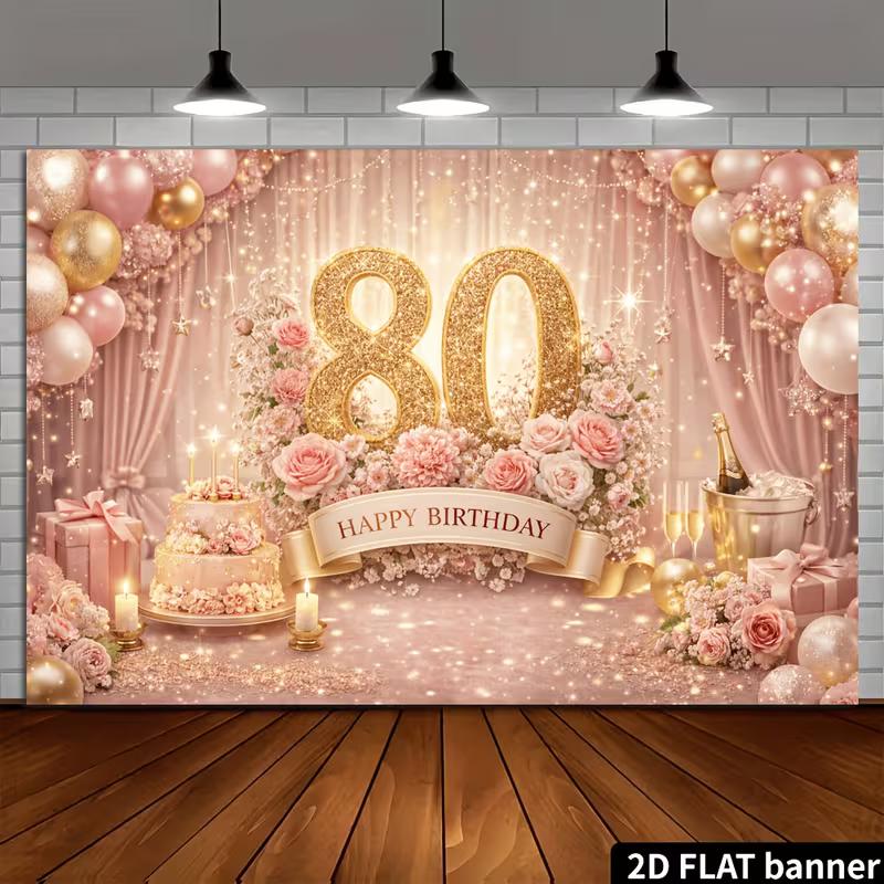 Tapiz de Pared 2D Oro Rosa Floral para 80 Cumpleaños Tela de Fondo