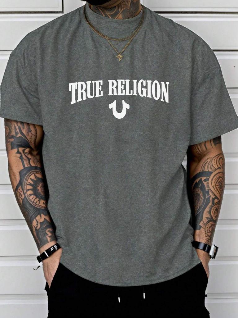 True Religion Men Cotton T-shirt Luxury Brand Fashion Big Size Top Casual Short Sleeve Streetwear Classic Print New Arrival Tee