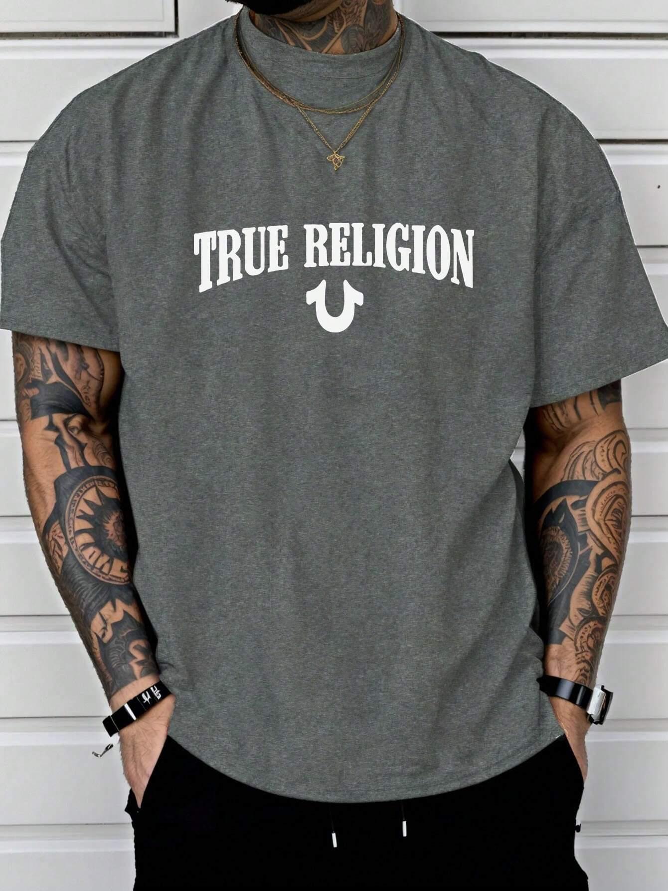

True Religion Мужская хлопковая футболка, роскошный бренд, модная футболка большого размера, повседневная, с коротким рукавом, уличная, классическая, с принтом, новое поступление 4XL
