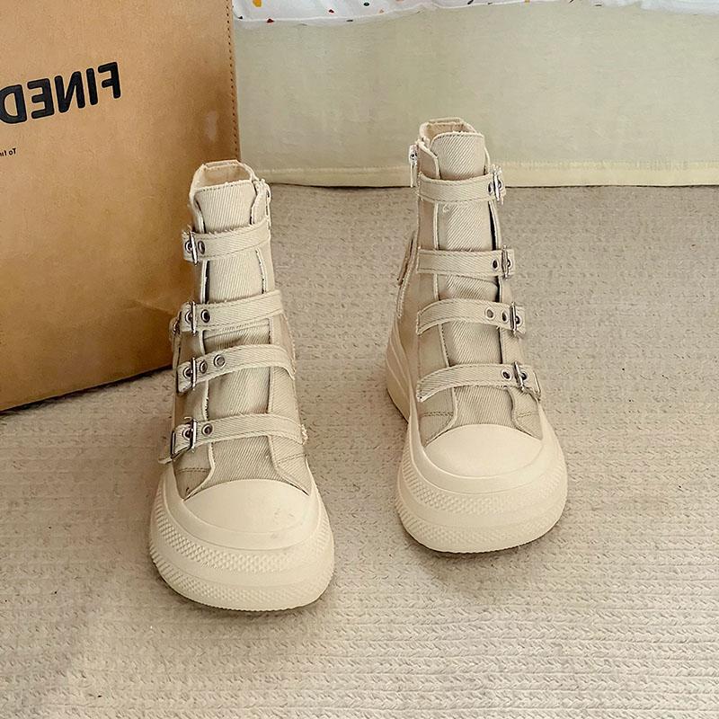 Fashion Women's High Top Canvas Sneakers Design Buckle Strap Zip Simplicity Female Shoes 2025 High Street Grace Waling Shoes
