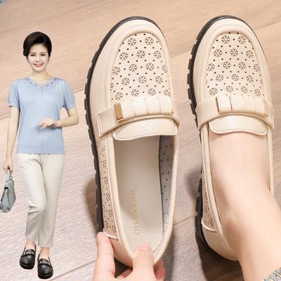 Sommerschuhe aus Leder für Damen mittleren und älteren Alters mit weichen Sohlen, bequeme und atmungsaktive Einzelschuhe mit flacher Sohle, rutschfeste Mutterschuhe