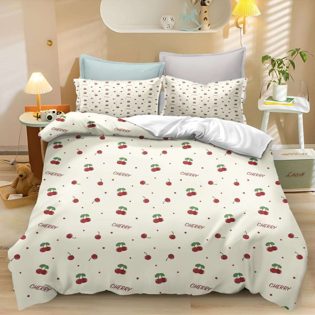 Cherry Flowers Quilt Duvet Cartoon Cover Queen Size Comforter Bedding Sets King Cute Printed Children Cartoon 3-Piece Set
