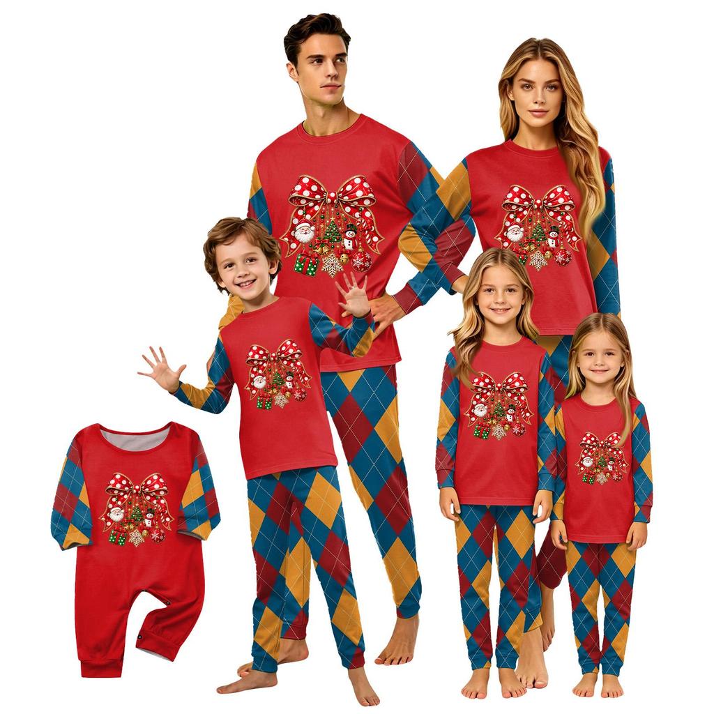 Christmas-print long-sleeve and long-pant matching family loungewear set
