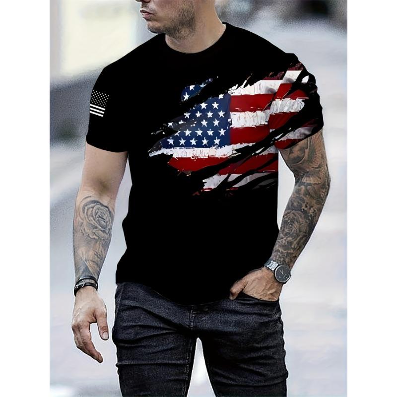Men s Patriotic American Flag 3D Printed T-shirt - Casual Round Neck Short Sleeve T-shirt for Summer S