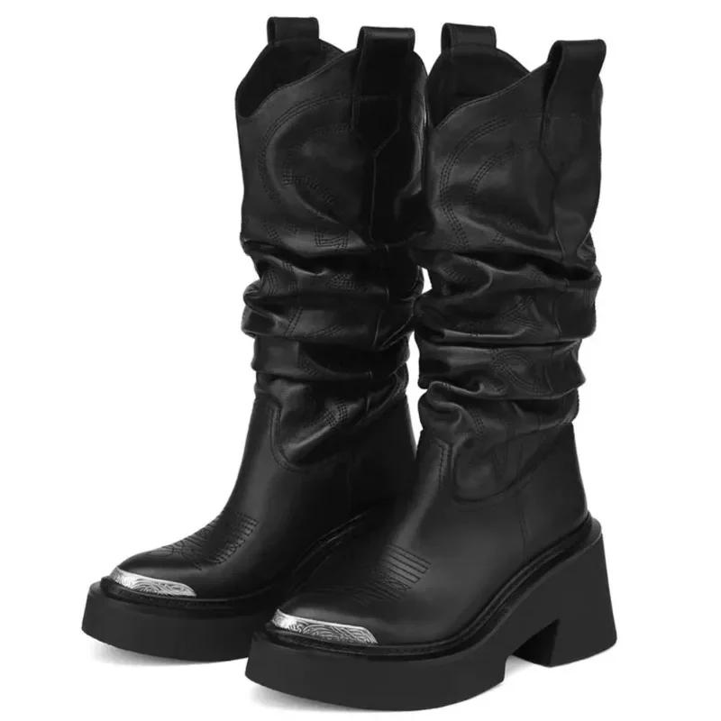 Fashion Luxury Brand Motorcycle Women's Calf Boots Platform Chunky High Heels Goth Metal Punk Shoes for Women Winter Comfy Design Boots