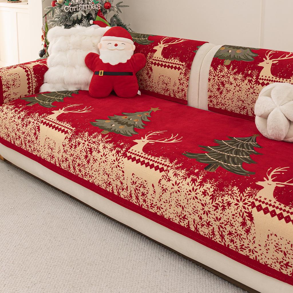 Red Christmas-Themed Chenille Sofa Cushions New All-Season Universal Sofa Cover Fabric Anti-Slip Sofa Covers Seat Cushions