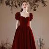 Velvet toasts 1011 new summer bride wedding engagement thin temperament burgundy bubble sleeve evening dress