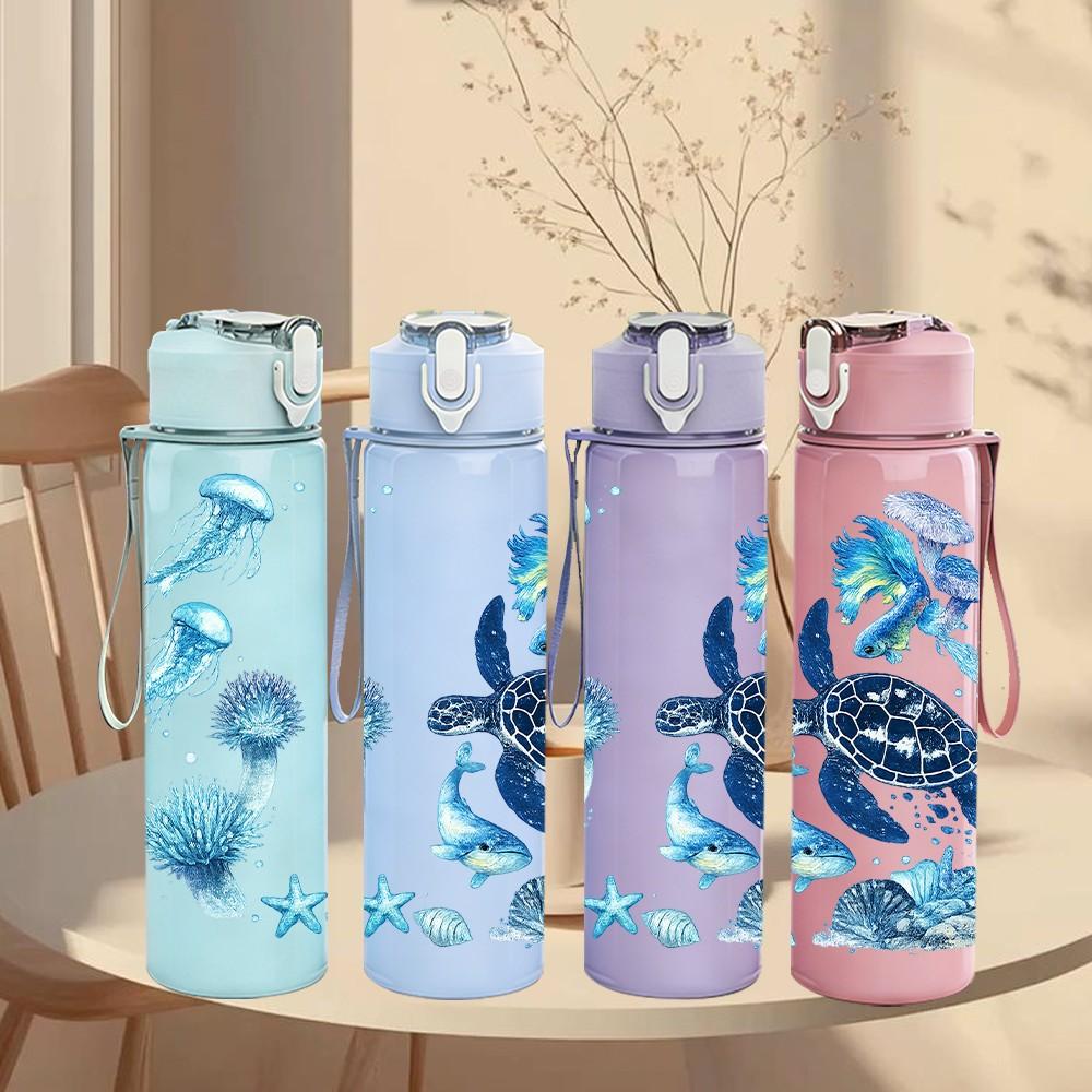 1PC Jellyfish Turtle Ocean Animal Print 750ml Color Plastic Sports Water Bottle Leakproof Flip Straw Lid Suitable for Sports Office Home Use