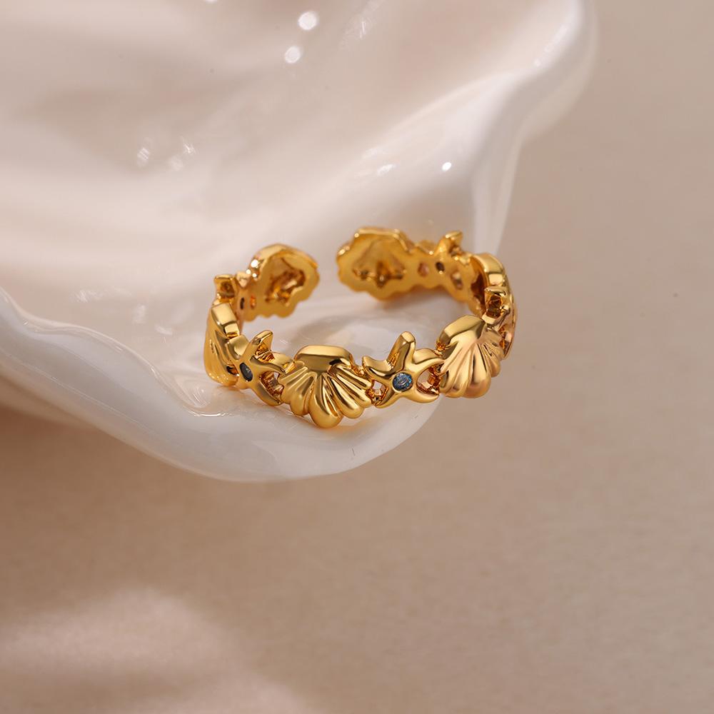 Hav Stjerne Skjell Åpne Ringer For Kvinner Gullfarge Rustfritt Stål Ring Sommer Strand Estetisk Vanntett Zirkon Gave