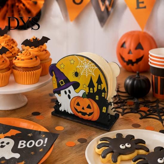 Spooky Kitchen Accessories Halloween Wooden Napkin Holder, Ghost Pumpkin Decorative Tabletop Tissue Dispenser, Sturdy Craft Paper Storage Organizer