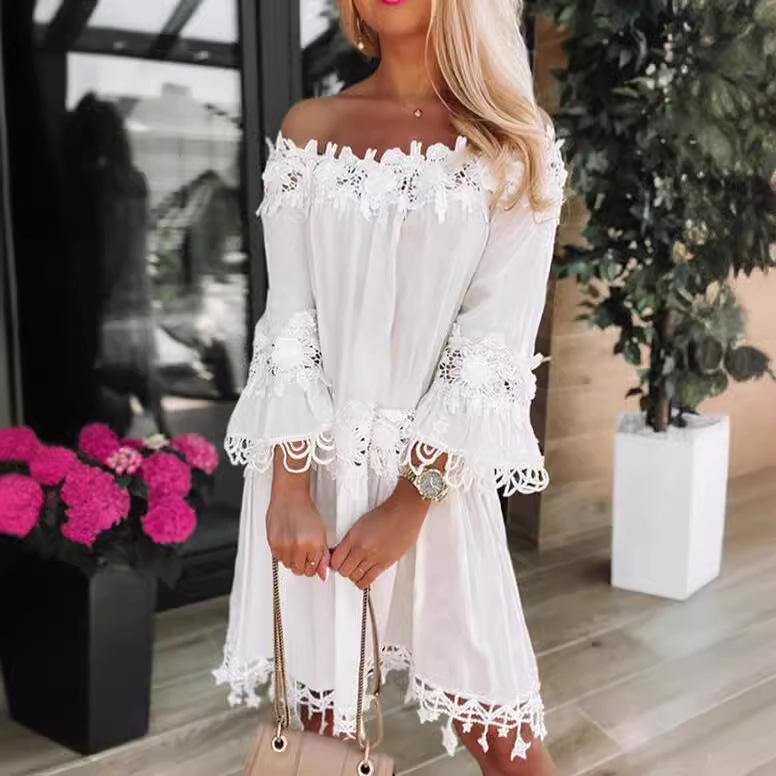 2024 European & American Off-the-Shoulder Lace Trim Dress