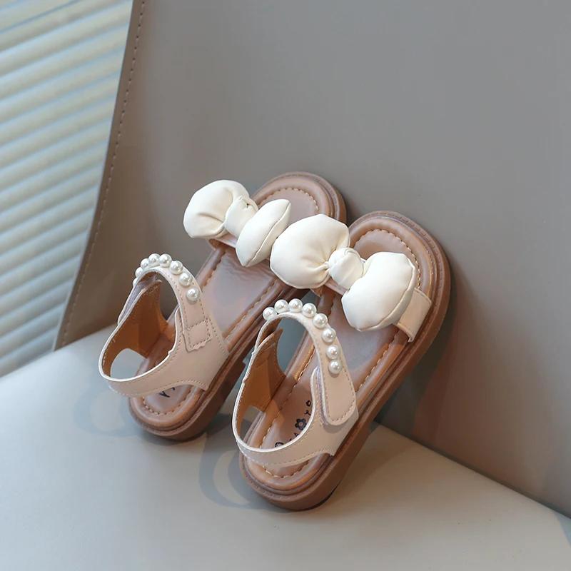 Baby Girls Sandals Soft Big Bowtie with Pearls Beading Princess Sweet Candy Color Kids Beach Shoes 2024 New Children Summer Flat