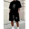 Men's Short Sleeved Casual Sports Suit with Black Checkered Pattern, Fashionable and Energetic