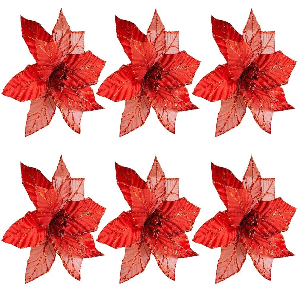 Christmas Poinsettia Ornaments 25 Cm Fauxs Cloth Flowers Set Of 6 Glitter Petals For Tree Wreath Garland Centerpiece