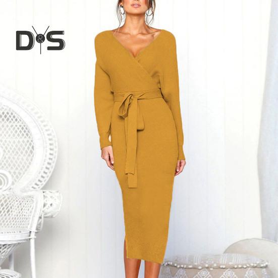 Women Fall Winter Dress V Neck Lace Up Belted Tight Waist Solid Color Knitted Elastic Mid Calf Length Long Sleeve Slim Fit Lady Commute Dress