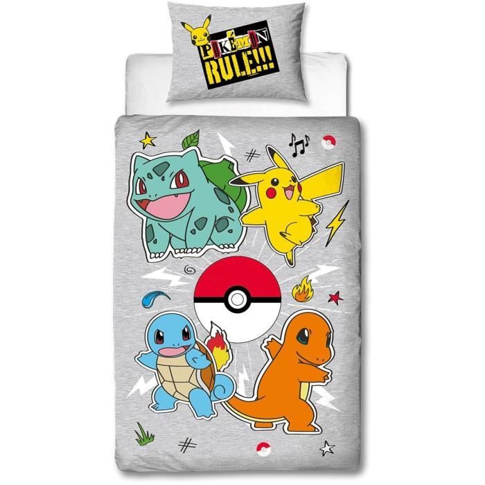 Parure De Lit Réversible - POKEMON - Pikachu Et Starter - Gris - Microfibre - 1 Housse De Couette 140 X 200 Cm + 1 Taie 63 X 63 Cm