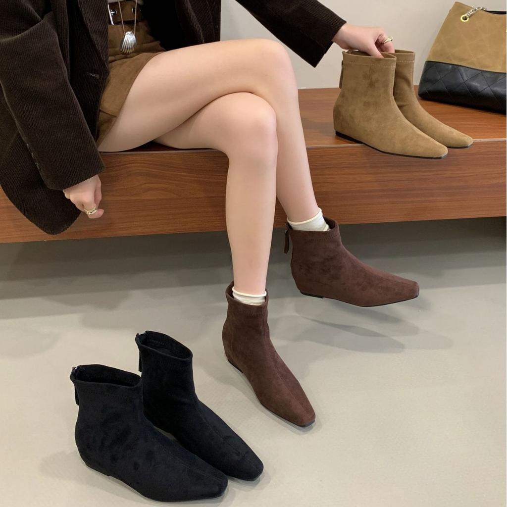2025 new autumn suede round head inner sloping heel thin Martin women's short boots rear zipper women's boots