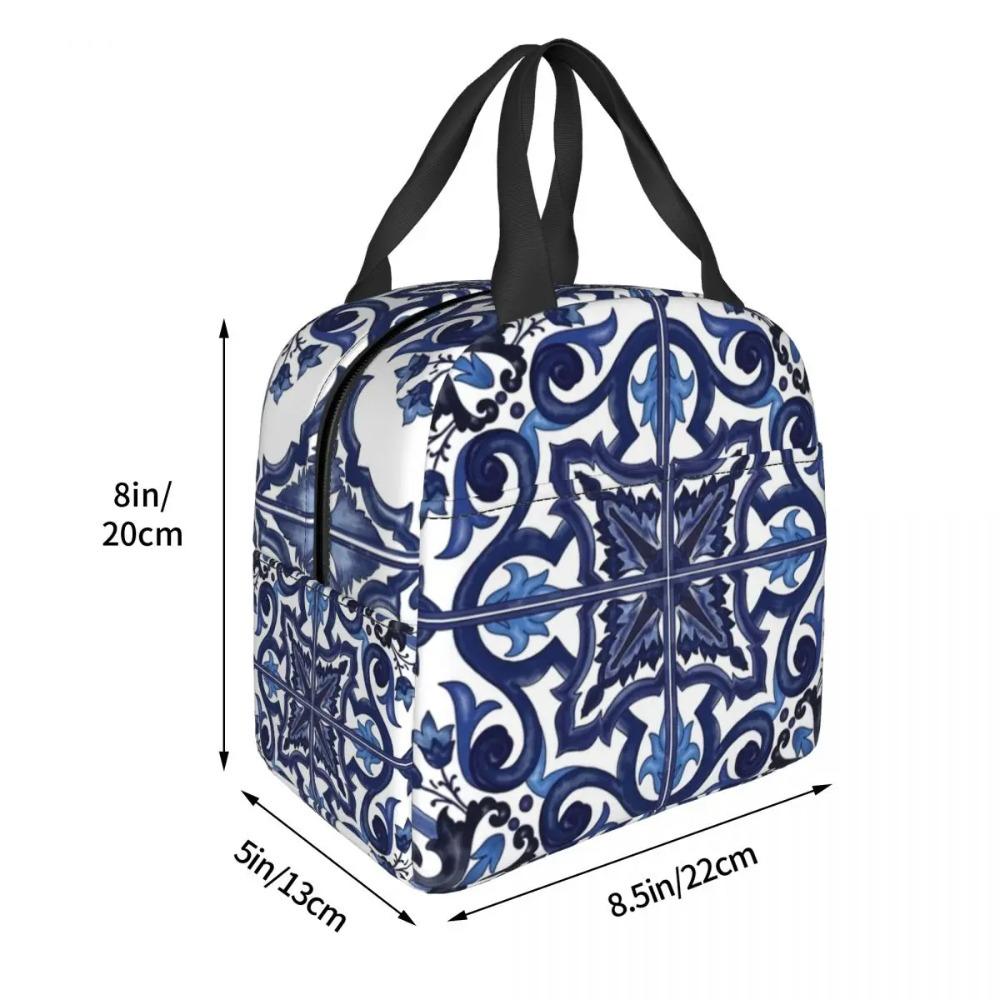 Blue Ornate Floral Mediterranean Sicilian Tile Insulated Lunch Bag for Kids School Cooler Thermal Food Box Tote Leakproof