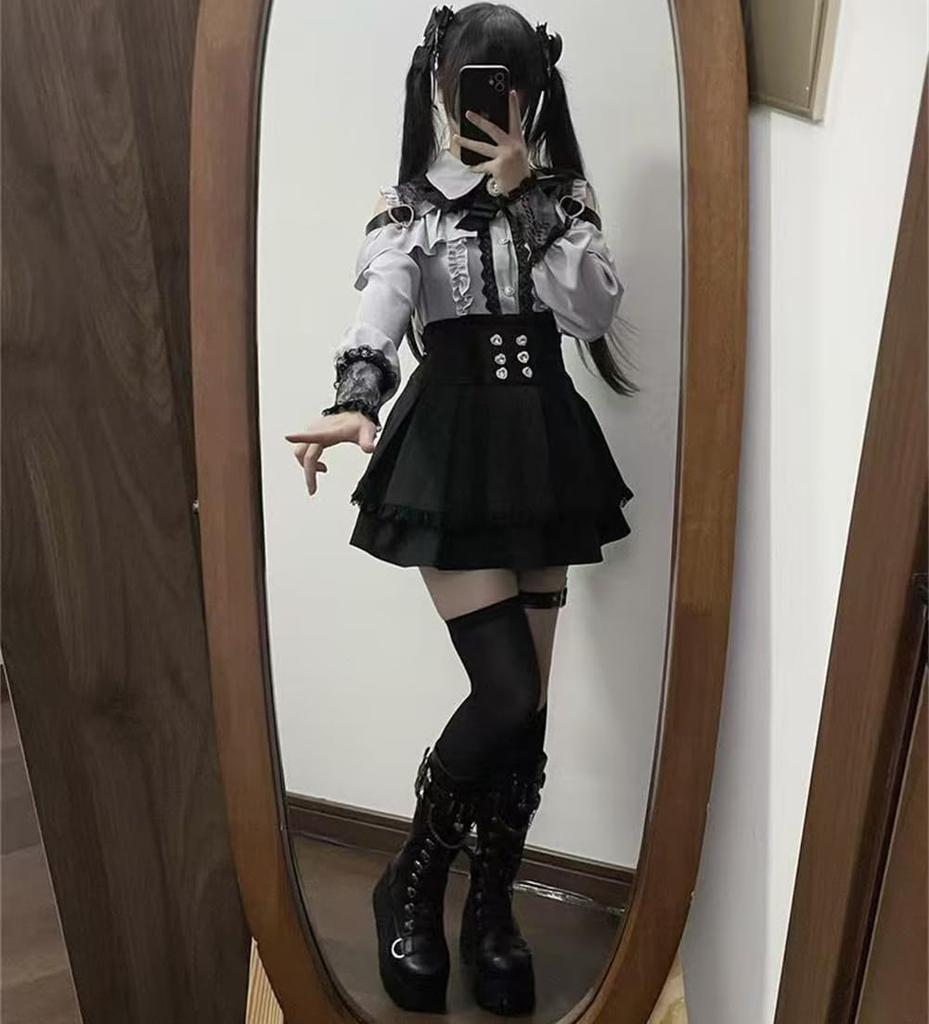 Long Sleeve Shirt Set with Ruffle and Mori Girl Top with Detachable Lolita Harajuku Clothing for and Winter Gray [Yhsuoxfd] Women's Set, 2-Piece