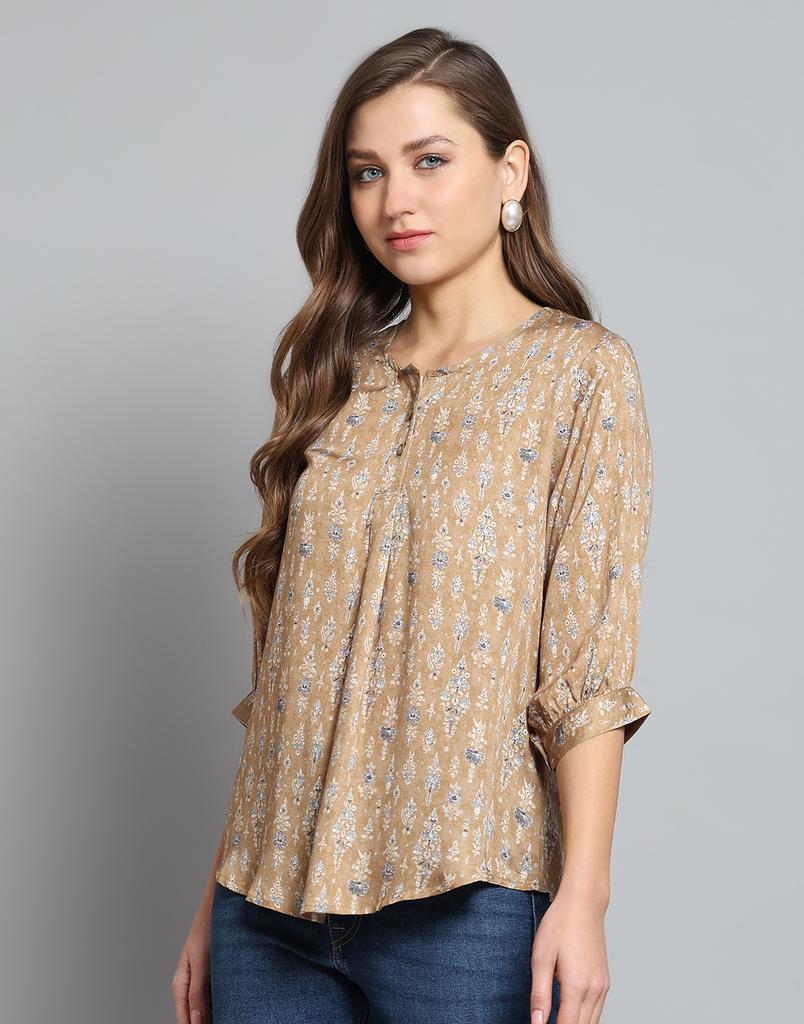Monte Carlo Womens Printed Khakhi Round Neck 3/4 Sleeve Top