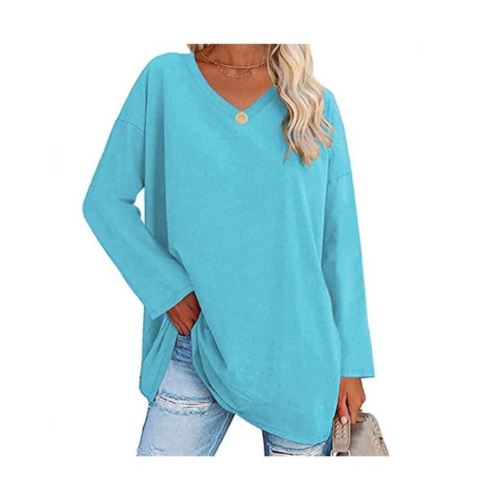 Super Large Multi-color Loose V-neck Women's T-shirt with Drop Shoulder Sleeves