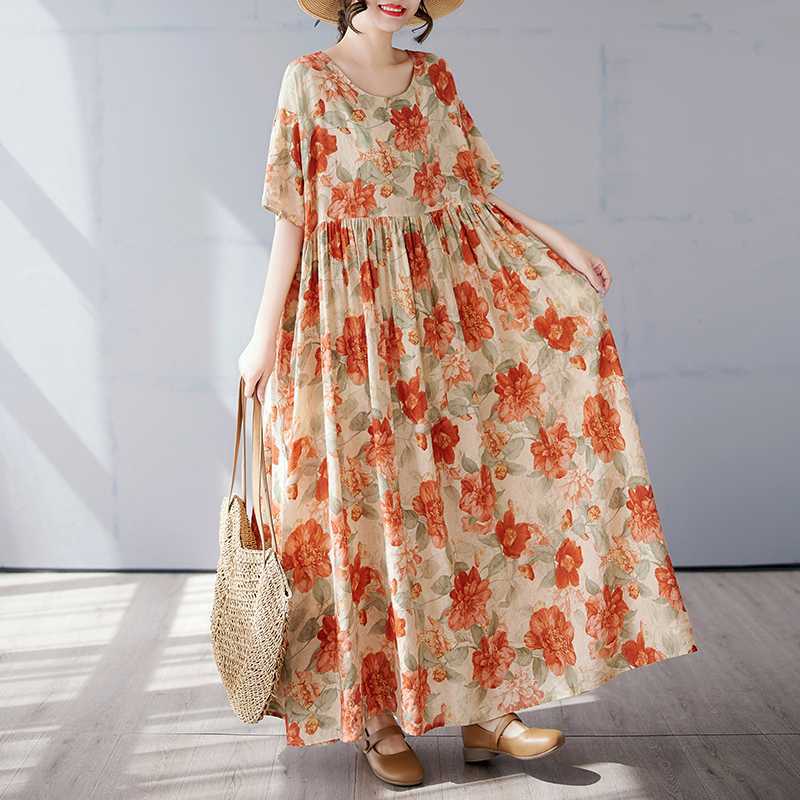 Simple and Fashionable Long Skirt Summer Short Sleeved Round Neck Printed Dress
