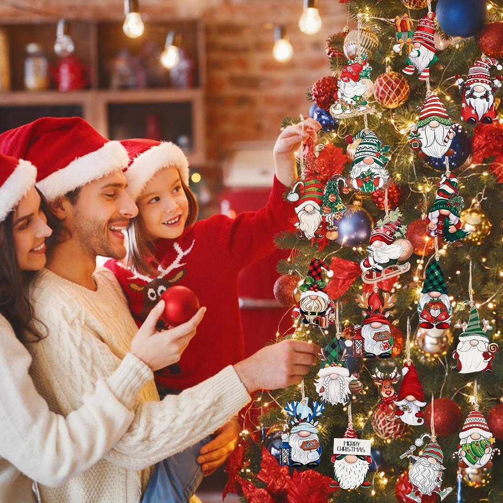 Wooden Gnome Christmas Ornaments for Xmas Tree, Gnome Christmas Decorations, Small Wood Gnomes Hanging Ornament Bulk for Mini Tree, Garland, Wreaths,