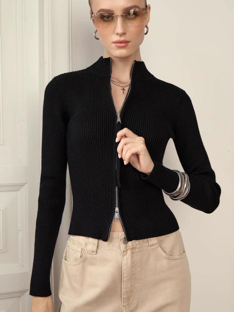 Autumn Winter Zipper Knitted Cardigan Women Vintage Long Sleeve Stand-Up Collar Sweater Street Short Sweater for Female Jacket
