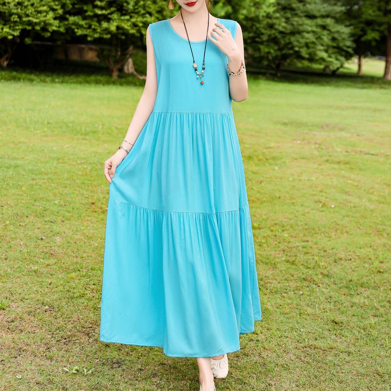 Elegant Sleeveless Dress for Women Plus Size Loose Vintage Print Long Dress Summer Middle-aged Women's Clothing