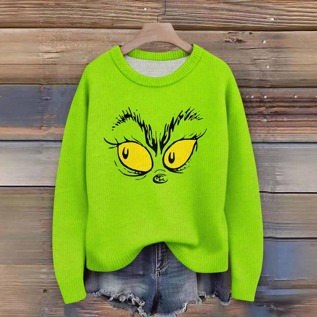 Long Sleeve Pullover Sweaters For Women O Neck Casual Cute Printing Knit Oversized Sweater