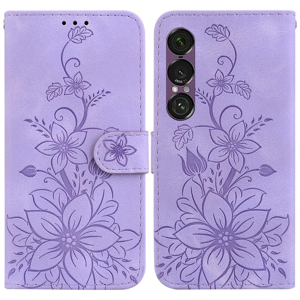 Für Sony Xperia 1 VII Ständerhülle Lilienblumen-Prägung Leder Handyhülle mit Handschlaufe