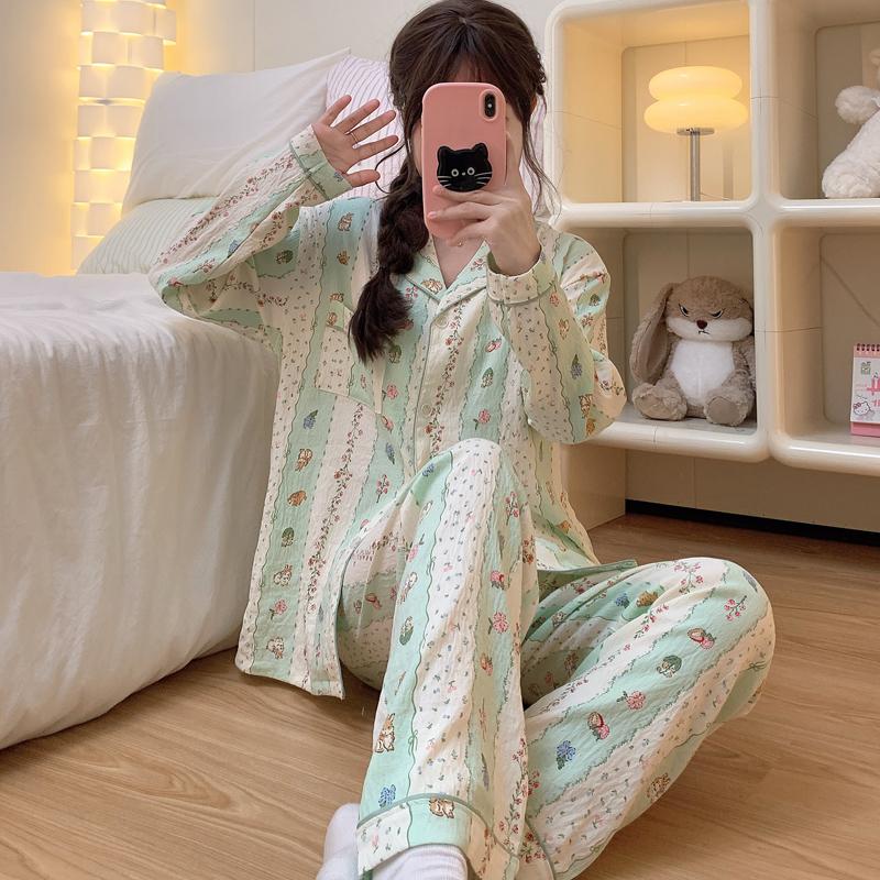 Automne Hiver Pyjama Femme Imprimé Floral Rayé Style Harajuku Doux Mignon Ensemble 2 Pièces Pyjama Nouveau Design Bouton